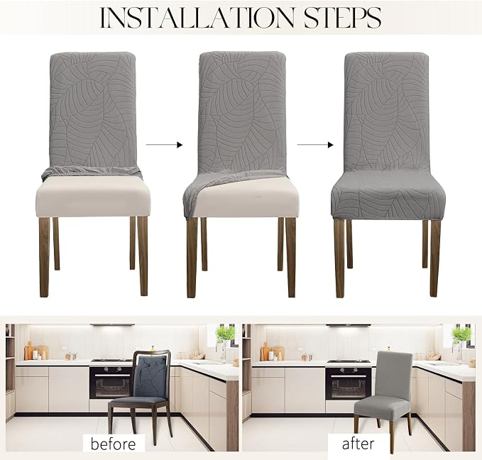 MOSAYT 100% Waterproof Dining Room Chair Covers Set of 2, Super Fit Stretch Jacquard Parson Chairs Slipcovers Removable Washable Chair Seat Protectors for Home, Kitchen, Banquet (Light Grey)