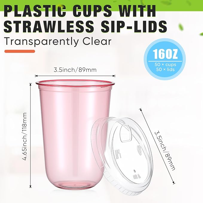 Ziliny 50 Sets Clear Plastic Coffee Cups with Sip Lids, Disposable Plastic PET Crystal Cups for Iced Coffee, Smoothie, Cold Beverage, Drink Shops and Party Catering (Pink,16 oz)