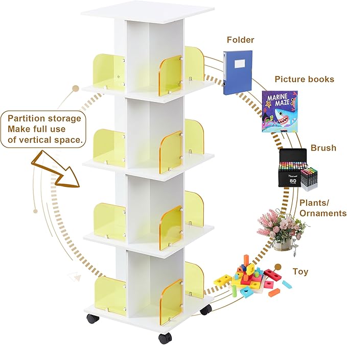 VECELO Rotating Bookshelf with Brake Wheels, 360°Display 4 Tier Floor Stackable Spinning-Bookshelf Tower for Kids&Adults, Revolving Bookcase for Small Space,Corner(White)