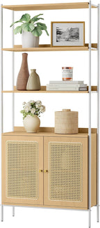 VASAGLE 6-Tier Bookcase, Bookshelf with Rattan-Like Door, Boho Style, Freestanding 30.1-Inch Wide Storage Shelf, Metal Frame, Adjustable Shelf, for Living Room, Oak Beige and Pearl White ULLS124W57