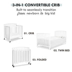 DaVinci Dylan Folding Portable 3-in-1 Convertible Mini Crib and Twin Bed in White, Greenguard Gold Certified