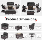 Patio Furniture Sectional Sofa Set 11-Pieces PE Rattan Swivel Rocking Chairs Patio Conversation Set w/43in Gas Fire Pit Table, Outdoor Furniture with 55000 BTU Propane Fire Pit, Grey