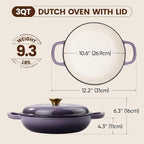 Vintage Style 3 Quart Enameled Cast Iron Braiser, Non Stick Enameled Cast Iron Skillet with Lid, Dutch Oven Skillet with lid up to 500°F for Oven, Stove, Grill, Shallow Dutch Oven for Cook, Bake (Purple)