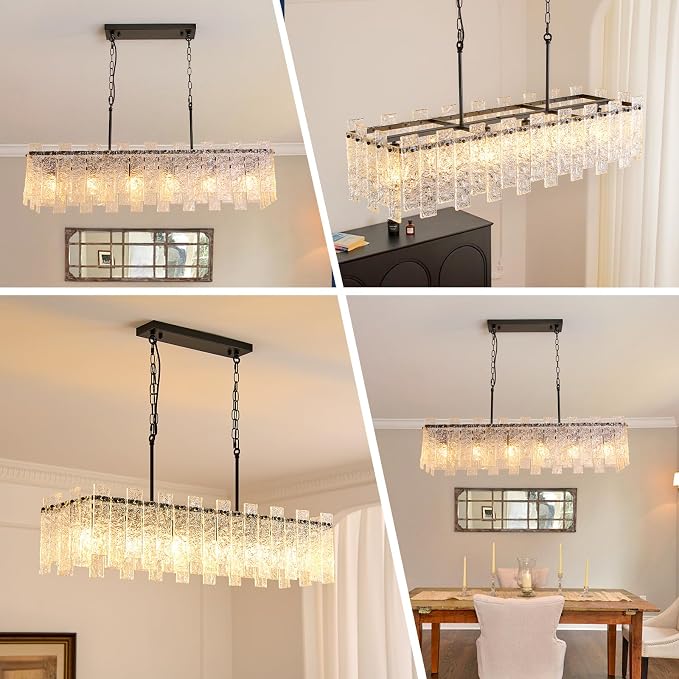 Modern Rectangle Black Crystal Chandeliers for Dining Room, L39" Large Rectangular Water Ripple Glass Island Light Fixture, 6-Lights Hanging Pendant Light for Kitchen Island, Living Room