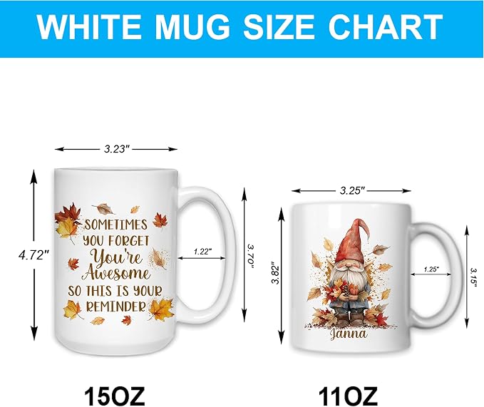 Hyturtle Personalized Fall Gnome Motivational Coffee Mug, Fall Autumn Décor | Gnomes Gifts For Women - Thank You Cup Gifts For Farmhouse Thanksgiving - Custom Name 11oz White Ceramic Coffee Tea Mug
