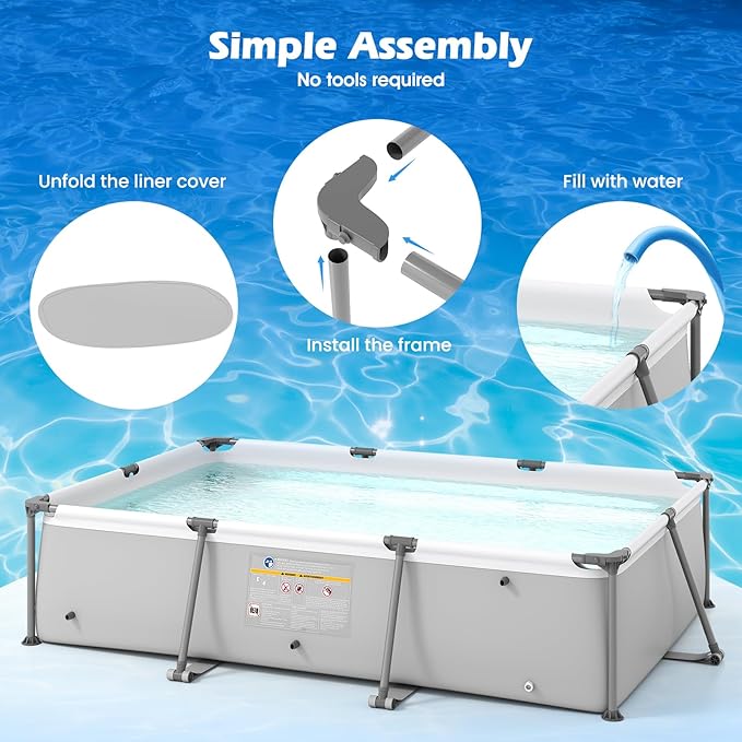GYMAX 10' x 6.8' x 26" Metal Frame Above Ground Swimming Pool, Outdoor Backyard Famliy Pool w/Puncture-Resistant Fabric, Drainage Valve Connector for Kids & Adults (10' x 6.8' x 26", Rectangle, Grey)