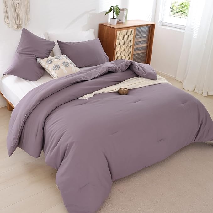 ROSGONIA King Size Comforter Set Dusty Purple, 3pcs (1 Boho Comforter & 2 Pillowcases) All Season Bedding Lightweight Bedspread Blanket Quilt