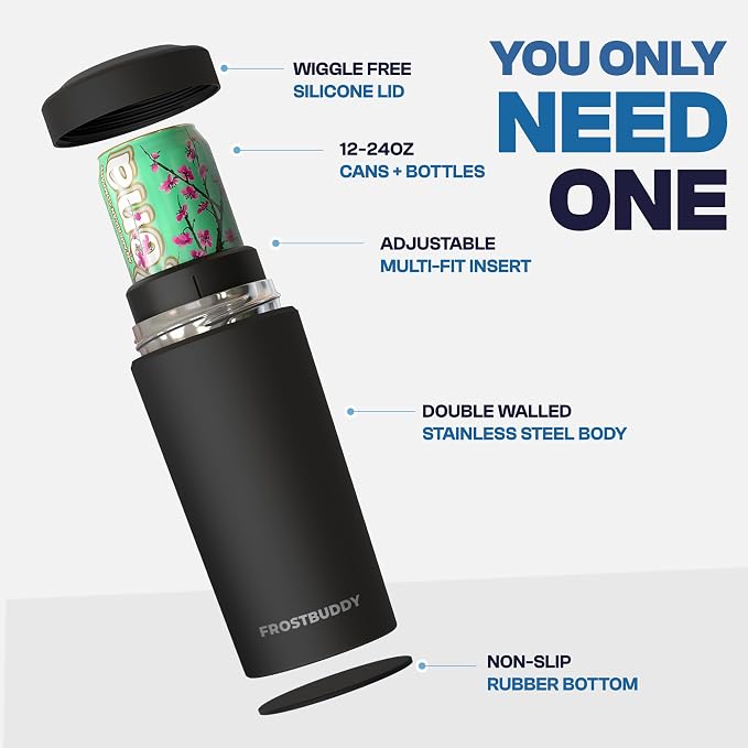 Frost Buddy XL Can Cooler - Fits 12/16/20/24 oz Cans & Bottles (Black) | Keeps drinks chilled 12+ hrs | No sweat, no condensation | Fits slim & standard cans