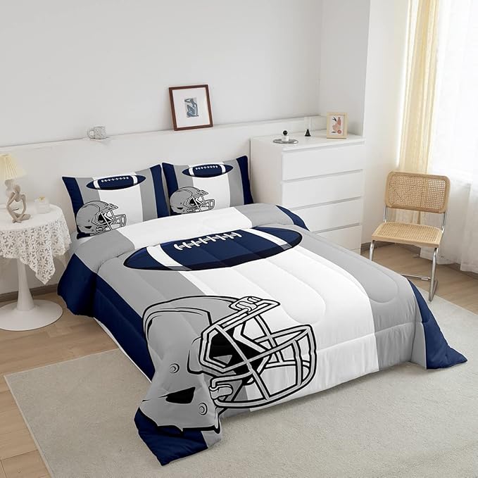 Feelyou Kids Football Comforter Set Twin Size Rugby Sports Bedding Set for Boys Teens Decor Soccer Ball Game Comforter American Football Grey Blue Duvet Set Quilt 2Pcs Boys