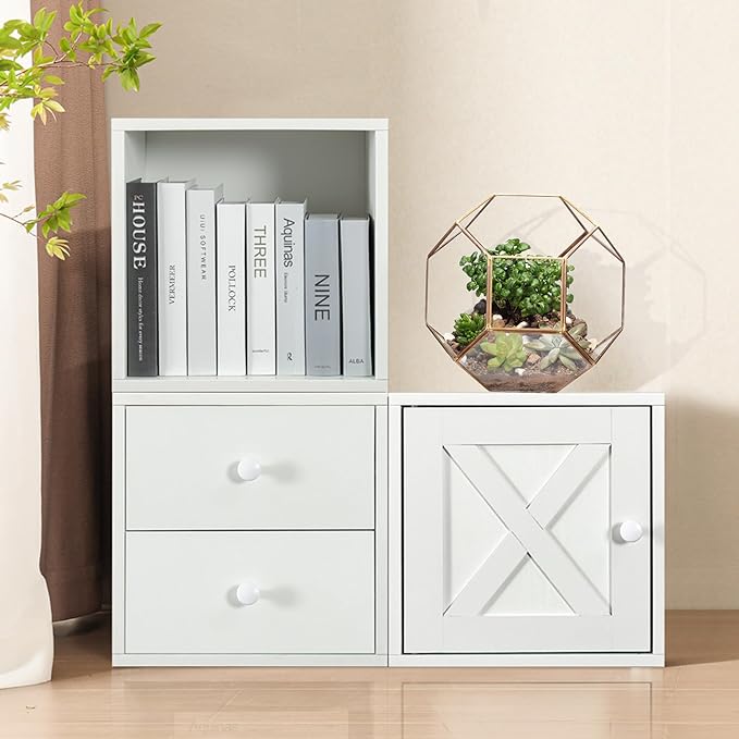 Magic DIY Cube Storage Organizer Stackable Cubes For Home Books Clothes Toy -Modular Cubby Storage System -Office Cubical -Bookcase Closet (Pure white-washed, Drawer Cube)