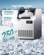 EUHOMY Commercial Ice Maker,250lbs/24H,Stainless Steel Under Counter Ice Machine with Water Filter,33lbs Storage Capacity, 84 Cubes in 8-12 Mins, Freestanding Ice Machine for Home/Bar/Cafe/Restaurant