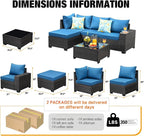 5 Pieces Patio Furniture Set All-Weather Outdoor Wicker Sectional Conversation Sofa Rattan Patio Seating Sofa with Cushion and Glass Table and Ottoman for Porch Poolside,Peacock Blue