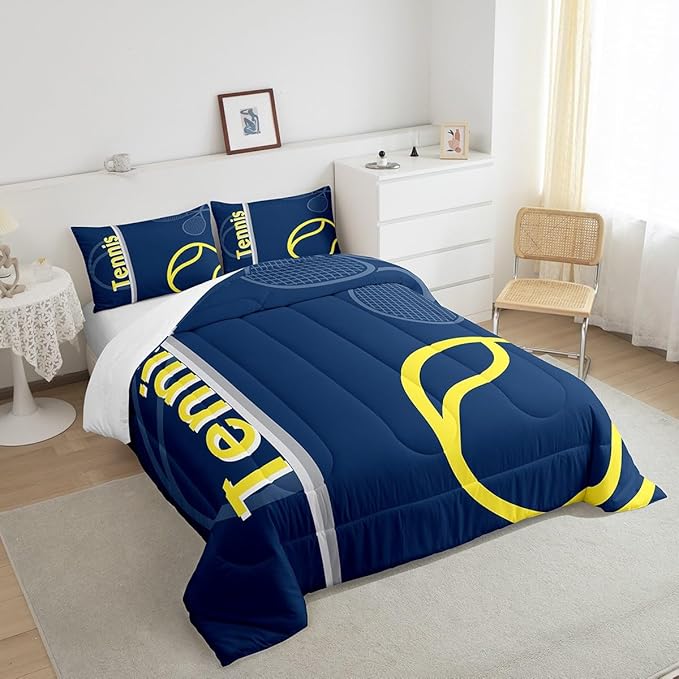 Feelyou Kids Tennis Comforter Set Twin Size Tennis Sports Bedding Set for Boys Girls Teens Bedroom Decor Tennis Gaming Comforter Blue Yellow Tennis Lovers Duvet Set with 1 Pillow Case