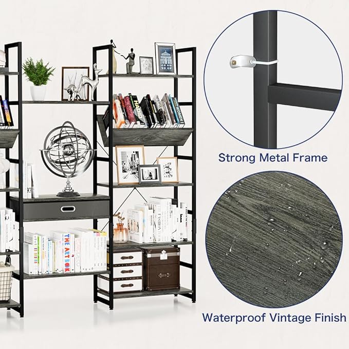 NUMENN Triple Wide 5 Tier Bookshelf, Adjustable Rustic Industrial Style Book Shelves, Modern Bookcases and Bookshelves Furniture for Bedroom, Living Room and Home Office, Dark Grey