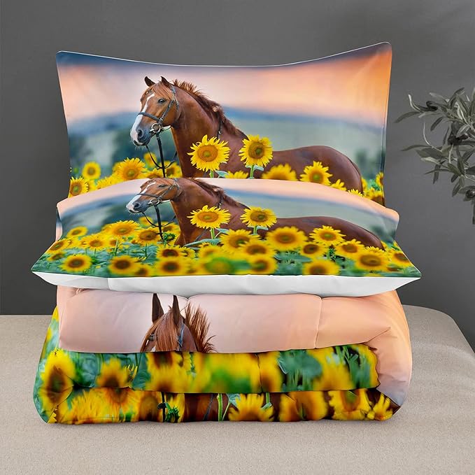 NINENINE Horse Comforter Bedding Set King for Boys Teens,Horse Walking Among Sunflowers Pattern Printed Bedding Set,Sunflower Comforter Set,Soft Microfiber Quilt Set with Matching Pillowcase#5002