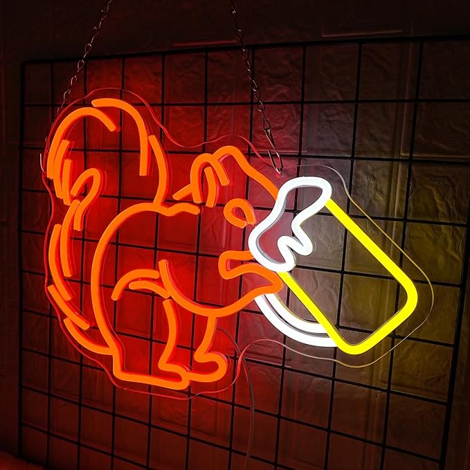 Squirrel Beer Neon Sign for Wall Decor Bar Neon Light Orange Squirrel Drinking Wine Led Light Animal LED Sign Dimmable LED Neon Light for Bar Bedroom Kidsroom Business Game Room