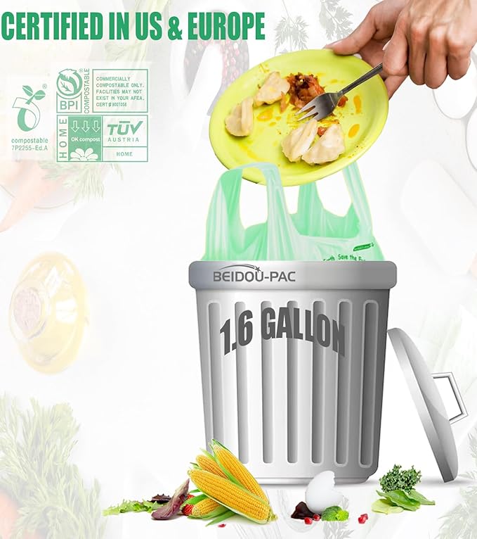 1.6 Gallon Compostable Trash Bags with Handle, 250 Count Small Compost Bags, Biodegradable Kitchen Garbage Bags, Food Scrap Waste Bags for Countertop Bin, ASTM D6400, US BPI Certified