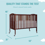 Folding Full Size Convenience Crib In Espresso, Two Adjustable Mattress Height Positions, Comes With Heavy Duty Locking Wheels, Flat Folding Crib