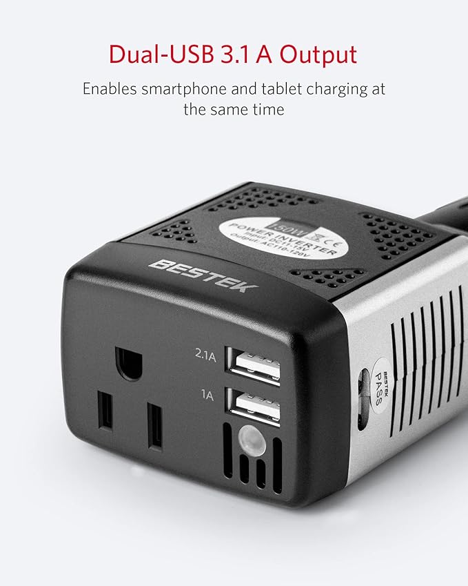 BESTEK 150W Power Inverter 12V to 110V Voltage Converter Car Charger Power Adapter with 2 USB Charging Ports (3.1A Shared) (150W)
