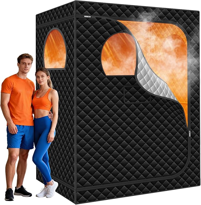 Home Sauna Portable, Upgraded Extra Large 2 Person Sauna Box with 2x3L 1300w Steamer, 2 Big Folding Chair, 9 Levels Heat, Timer,Remote Control - Steam Sauna Room Tent for Home Spa 71”x 49”x 35”, Black