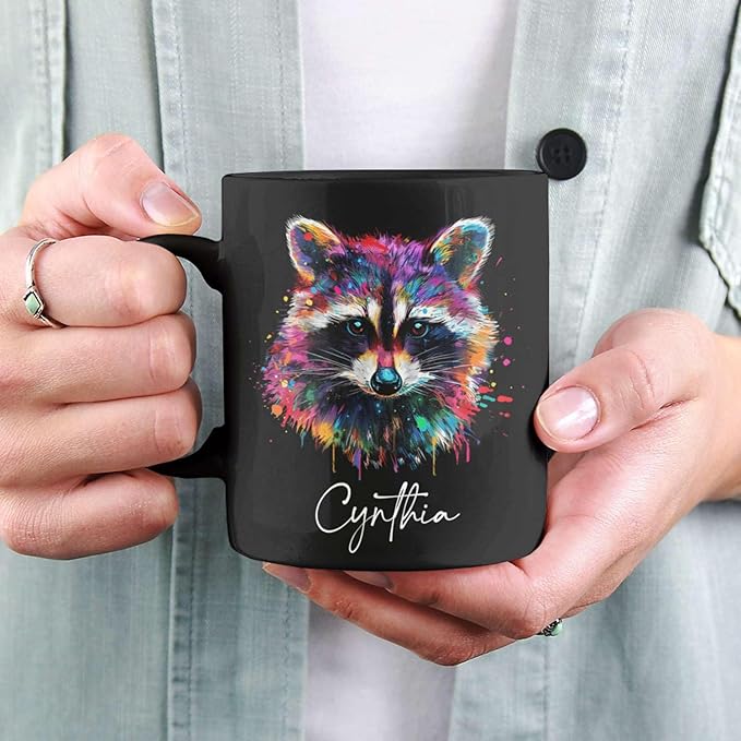 Colorful Raccoon Black Mug, Custom Choose Name Raccoon Coffee Cup, Gift For Men Women, Personalized Animal Lover Ceramic Mug, Customized Animal Design Cup 11oz 15oz