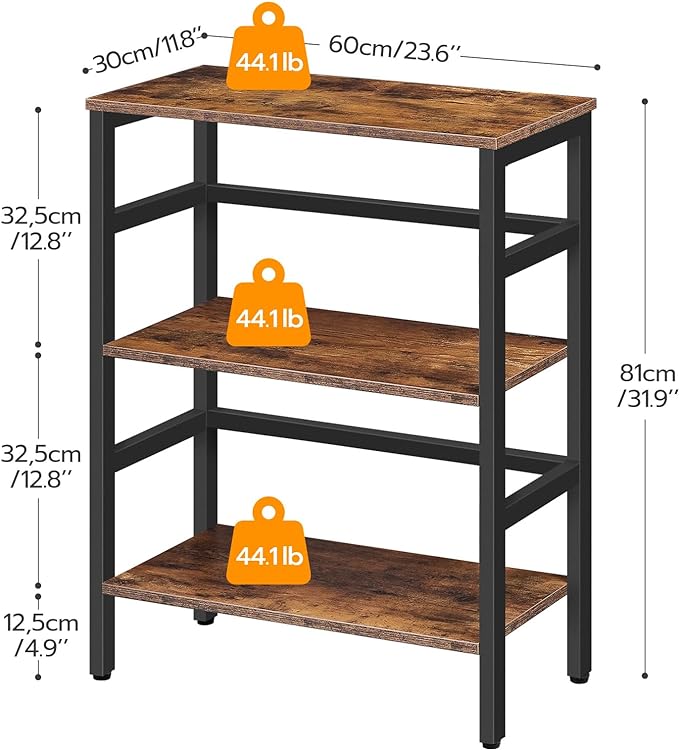 HOOBRO 3 Tier Bookshelf, Industrial Bookcase, Record Storage Rack with Side Fence, Wood Storage Shelf with Metal Frame, Rustic Open Display Shelf for Living Room, Bedroom, Rustic Brown BF86CJ01