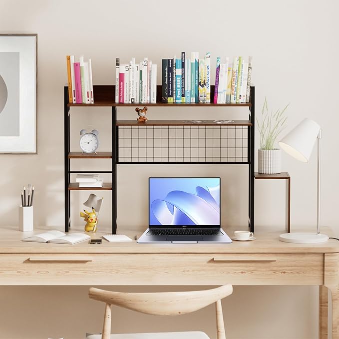 Computer Desktop Bookshelf Countertop Hutch Display Shelf Desktop Hutch Storage Organizer 2-Tier Multipurpose Wood Bookcase for Computer Desk for Home Office Study Room Bedroom