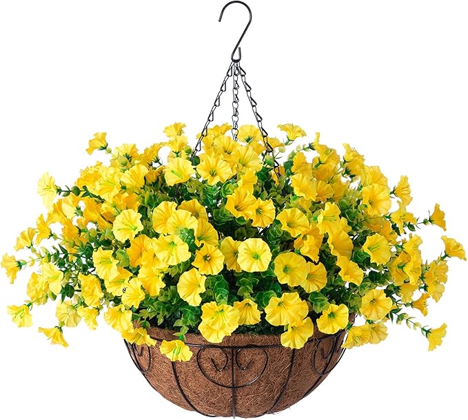 Artificial Fall Flowers Fake Hanging Plants Flowers Basket for Outdoors Autumn Decoration, Yellow Silk Morning Glory with Eucalyptus Look Real UV Resistant Faux Flowers for Outside Porch Patio Balcony