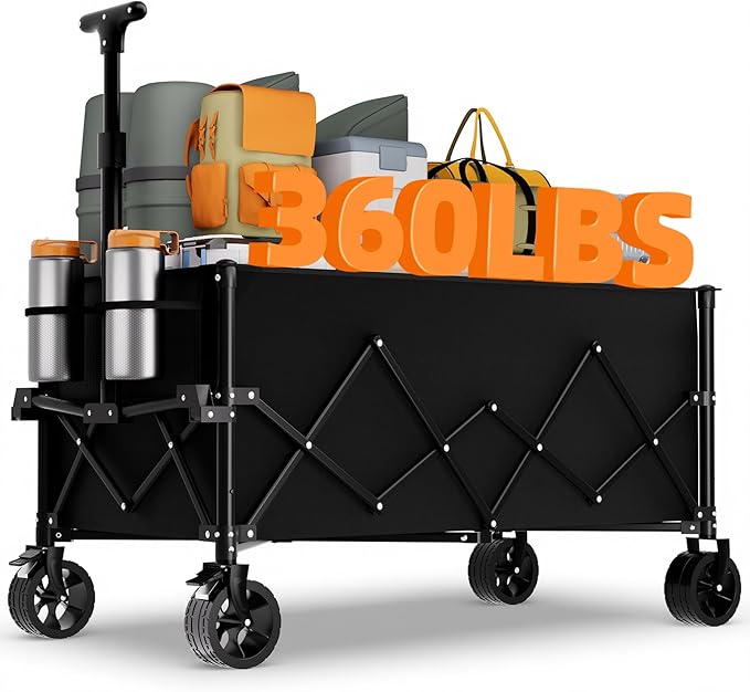 Favoyard Extra Large Collapsible Wagon Carts Foldable 220L & 360LBS Folding Wagons w/All-Terrain Wheels & Brakes Portable Utility Shopping Cart for Beach Grocery Sports Garden Camping Outdoor, Black