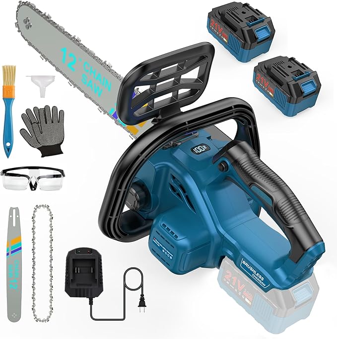 10000mAh Brushless Mini Chainsaw Cordless 12 inch, Electric Chainsaw Battery Powered Handheld for Tree Branches, Wood Cutting & Trimming