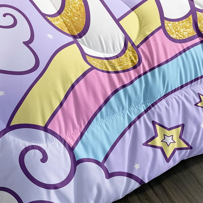 Axolotl Rainbow Unicorn Bedding Set Full,Purple Unicorn Kids Comforter Sets with Stars Cloud for Girls,1 Quilt with 2 Pillowcases for Girls Kids Teens Children Adults Bedroom Decor All Season