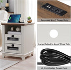 Nightstand with Charging Station,OKD 18'' Industrial & Farmhouse Square End Table w/ 2 Drawers & Open Cubby, Rustic Mesh Drawer Sofa Side Table w/Storage for Bedroom, Living Room Office, Antique White