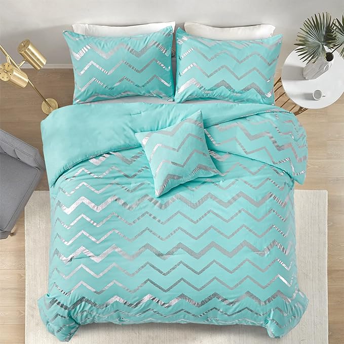 Aqua Comforter Set Queen Size Metallic Teal and Silver Bedding Set, 4 Piece Lightweight Microfiber Bed Set for Teen Girls Women (2 Pillow Shams + 1 Decorative Pillow Sham)