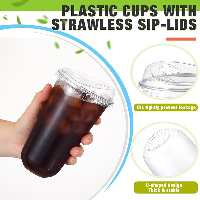 Ziliny 50 Sets Clear Plastic Coffee Cups with Sip Lids, Disposable Plastic PET Crystal Cups for Iced Coffee, Smoothie, Cold Beverage, Drink Shops and Party Catering(Clear,18 oz)