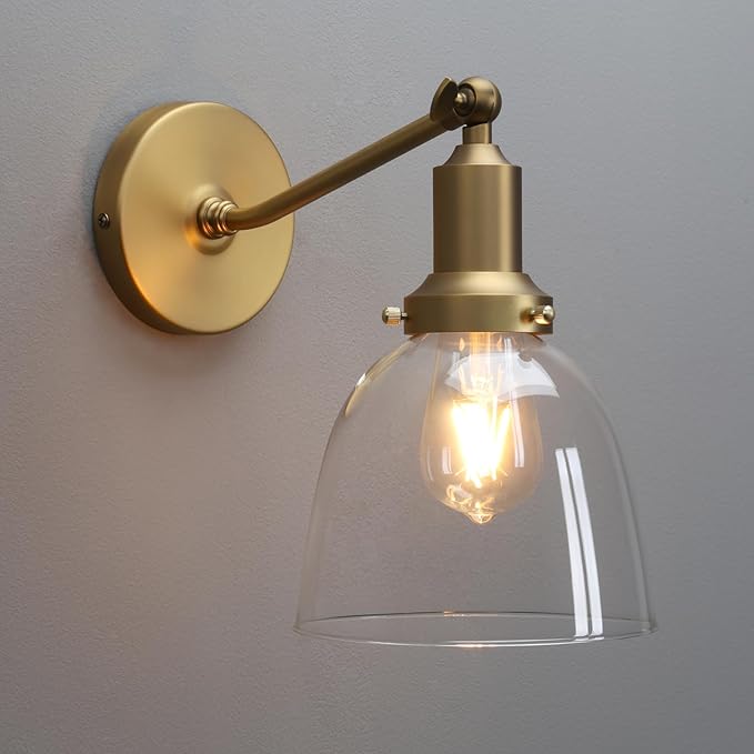 PERMO Industrial Vintage Slope Pole Wall Mount Single Sconce with 6.7" Oval Dome Clear Glass Shade Wall Sconce Light Fixture (Antique Gold)