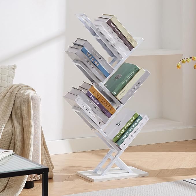 5 Tier Tree Bookshelf, Small Iron Corner Bookcase, Modern Book Shelf Storage Display Floor Standing Bookcase, Utility Organizer for CDs/Books/Home Office/Living/Bedroom Room- White