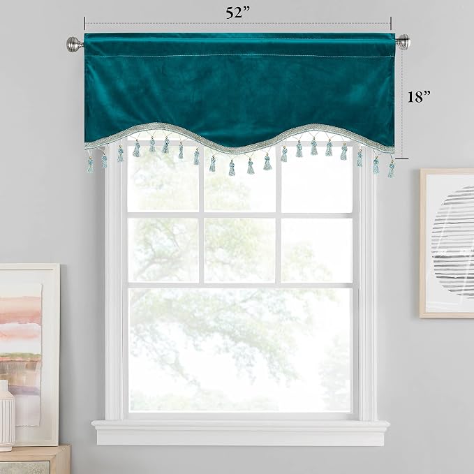 Teal Tassel Velvet Valances Curtains 52x18 Inch 2 Panels | Super Soft Thick Fabric, Privacy Light Dimming Window Drapes for Living Room, Bedroom, Kitchen, Bathroom, Rod Pocket