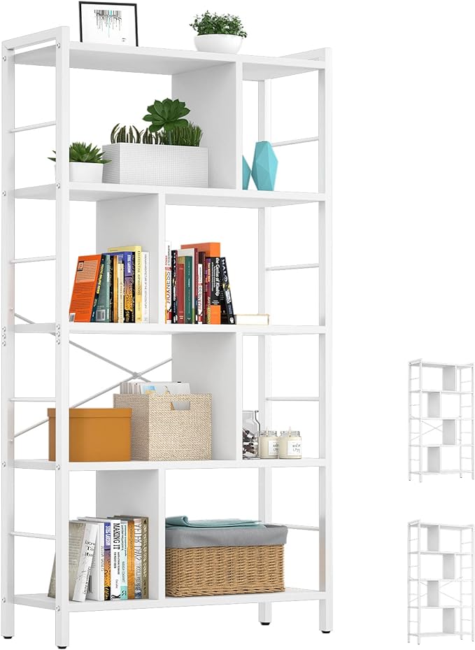 armocity White Bookshelf 5 Tier Tall Industrial Bookcase Wood Metal Frame Standing Book Shelf, Display Bookshelves Storage Organizer for Bedroom Living Room Home Office, White