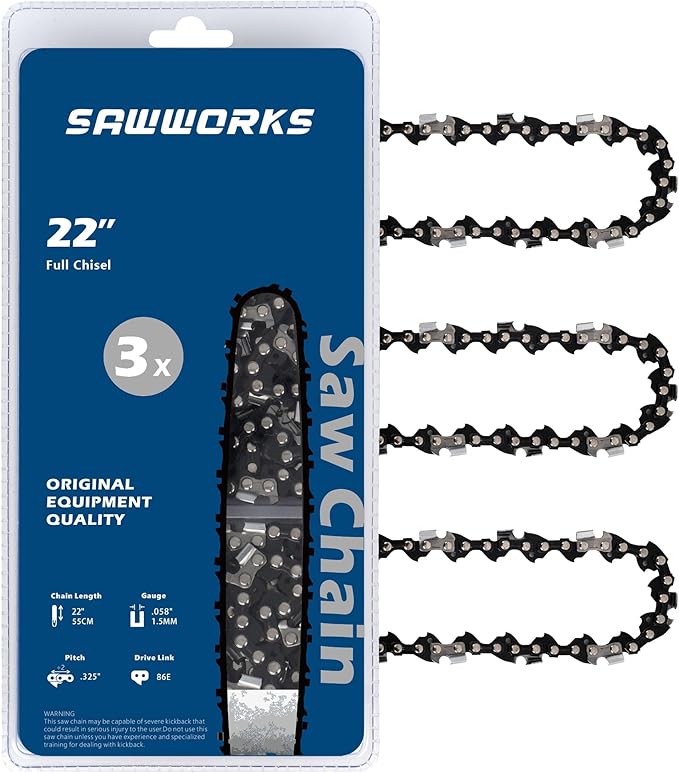 SawWorks 3-Pack 22 Inch Chainsaw Chain .325" Pitch .058" Gauge 86 Drive Links Fits 57cc Blue Max 20160, Oregon 21LPX086G, 21BPX086G, 21BP086G, Chainsaw 5200, 5800, 6200 and More