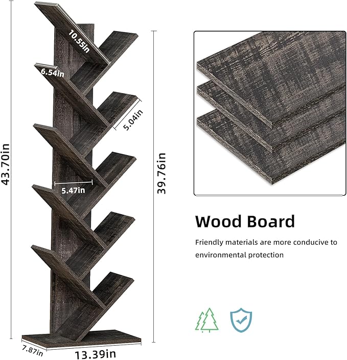 10 Tier Tree Book Shelf, Floor Standing Wood Bookshelf for Narrow Space, Storage Organizer Bookshelves for Books/CDs/Magazine, Bookcase with Shelves for Home Office, Living Room - Dark Grey