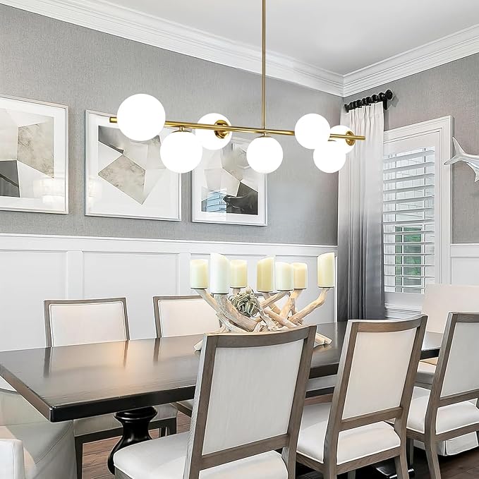 Modern Linear Gold Chandelier for Dining Room, 7-Light Adjustable Dimmable Ceiling Light with Glass Globes, Kitchen Island Pendant Lighting Mid Century Light Fixture for Living Room Bedroom Foyer