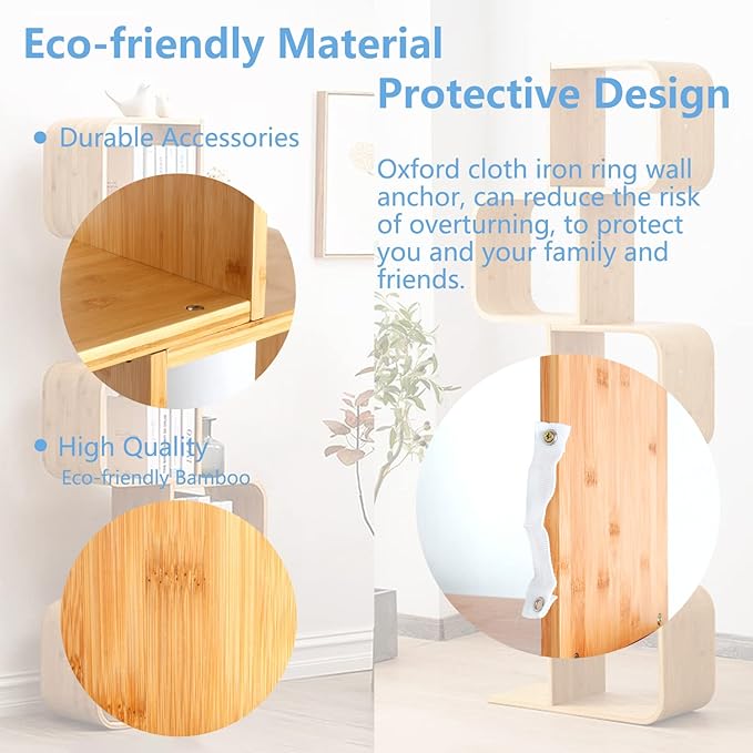 5-Tier S-Shaped Geometric Modern Bamboo Bookshelf, Large Capacity Creative Display Curved Rack Free-standing Bedside Table 2 in 1 Bookcase Storage CDs, DVDs Book Shelf for Home, Office, Living Room