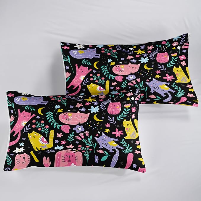 Floral Cat Comforter King Size,Black Cats Comforter Set for Kids Teens Girls,3Pcs Bedding Set Printed Comforter with 2 Pillowcases,Down Alternative,Soft and Lightweight(Black，King Size)