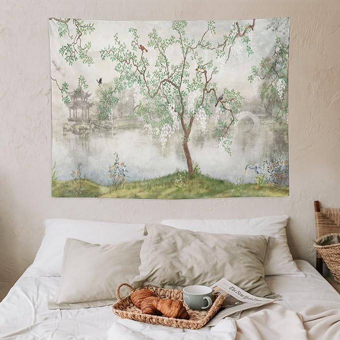 HZOHNAGO Japanese Tapestry Tree Misty Garden Lake Printed Wall Tapestry Ink Painting Wall Hanging for Bedroom Living Room Dorm 40" W x 30" H