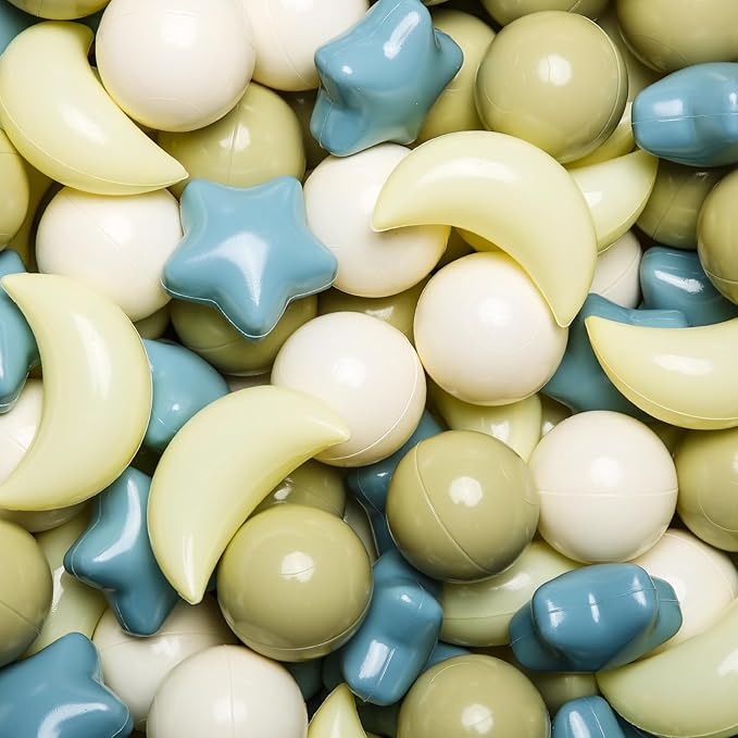 GOGOSO Ball Pit Balls Stars Moon Shapes Plastic Pitballs for Toddler Play Tent Baby Photo Props Kids Pool Water Toys Kiddie Pool Party Decor, Cream Blue+Yellow+Green+White,100PCS
