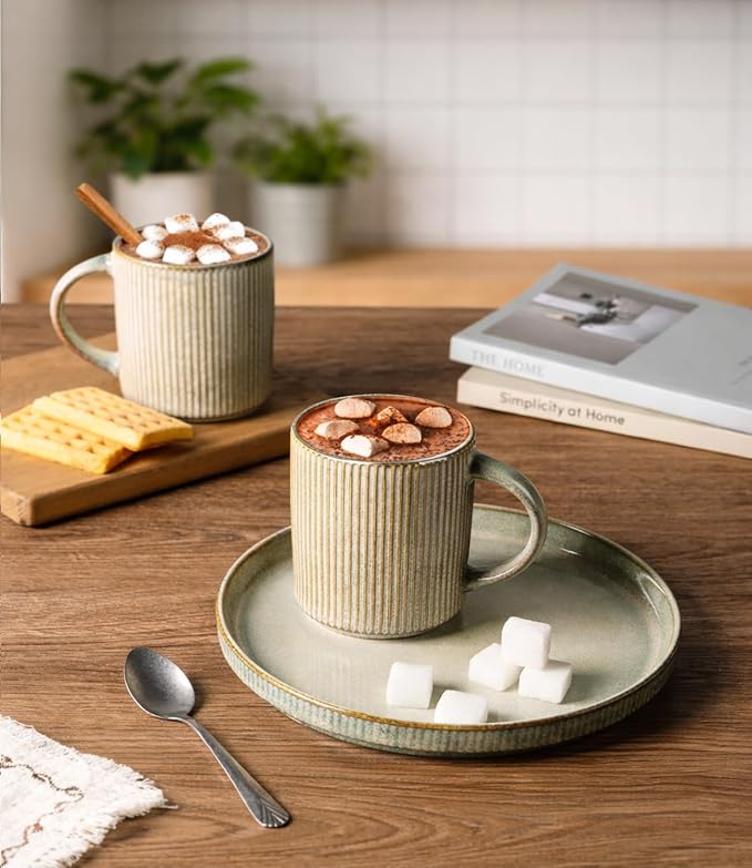 GBhome 12 oz Handmade Stoneware Coffee Mugs Set of 6 with Handles | Coffee Cups for Latte, Tea, Cocoa & Milk, Ideal for Daily Use&Gifts, Microwave & Dishwasher Safe, Desert Sage
