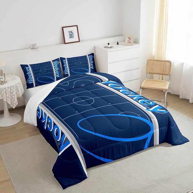 Feelyou Kids Hockey Player Comforter Set Twin Size Ice Hockey Bedding Set for Boys Girls Teens Bedroom Decor Ice Sports Games Comforter Puck Hockey Duvet Set with 1 Pillow Case