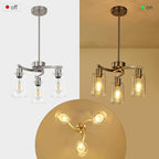 3-Light Brushed Nickel Dining Room Light Fixture,Modern Kitchen Chandeliers Over Table，Adjustable Height Industrial Hanging Pendant Lights for Kitchen Island with Glass Shade