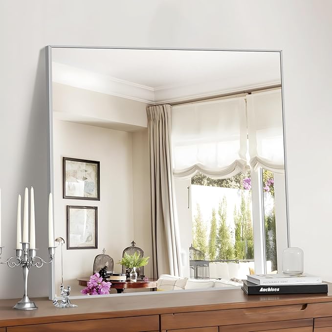 Silver Bathroom Mirror for Wall, 30x30 Inch Rectangle Mirrors with Metal Frame, Modern Vanity Wall Mirror Decor for Bathroom Living Room, Entryway Hangs Horizontal or Vertical