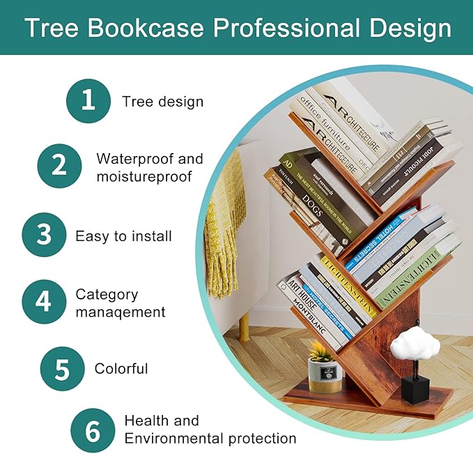 Tree Bookshelf, 5 -Tier Book Storage Organizer Shelves Floor Standing Bookcase, Wood Storage Rack for Office Home School Shelf Display for Cd/Magazine (Rustic Brown)